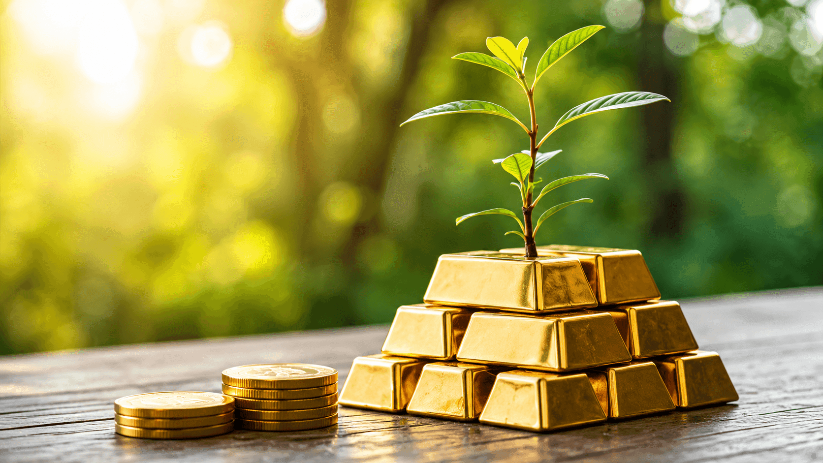 Gold bars with a growing seedling